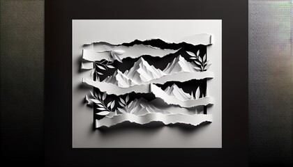 This image features a layered paper art composition depicting mountains and foliage. The torn paper edges create depth and texture, with intricate details of leaves.