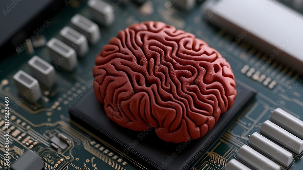 Poster brainpower: a symbolic image of a human brain resting upon a computer circuit board, representing th