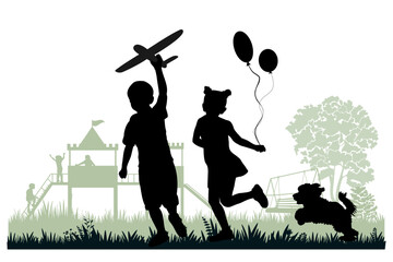Children and pets silhouettes. Little boy and girl playing with pet on playground. Vector illustration.	
