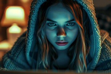 A deeply engaging image of a woman in a hoodie, illuminated by the soft glow of a screen, her intense gaze capturing the viewer's attention with a hint of intrigue and contemplation.