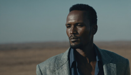 Man in a gray blazer stands confidently in a vast desert landscape during golden hour