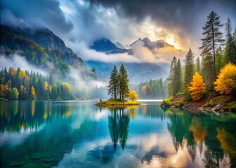 Fototapeta premium Enchanting Rainy Day on Lake Devero: Magical Atmosphere Stock Photo