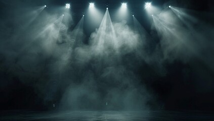 Mysterious stage lights pierce through a thick fog, creating a dramatic and atmospheric scene. Perfect for album art or concert promotion.