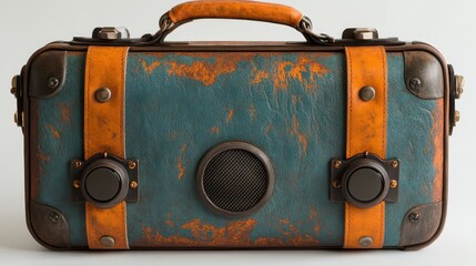 Vintage suitcase-styled Bluetooth speaker with teal and orange leather.