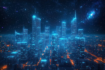 Glowing digital city skyline at night under starry nebula sky (1)