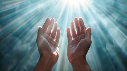 Hands raised in prayer, sunlight beams.