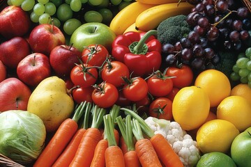 Fresh and colorful assortment of fruits and vegetables arranged beautifully on display in a market setting