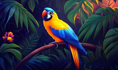 Obraz premium Colorful parrot perches on branch in dark tropical jungle.
