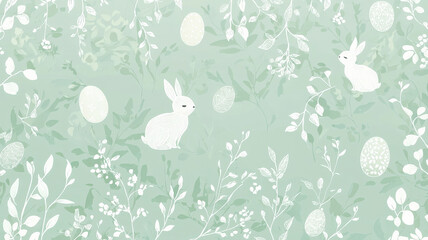 A soft mint green background featuring hand-drawn Easter motifs like rabbits, eggs, and floral accents in white and soft yellow. Swirling vines create a fresh, peaceful spring atmosphere