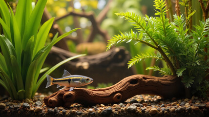 Naklejka premium Planted aquarium with natural wood and fish