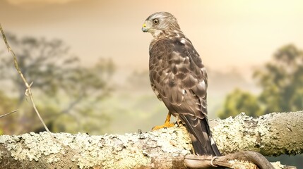 Red tailed hawk resing on tree top, Red-tailed Hawks are large hawks with typical Buteo proportions: very broad, rounded wings and a short, wide tail.Close up Red-tailed hawk.
