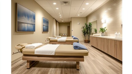 A hospital therapy room with massage tables, therapeutic lighting, and calming d?(C)cor.