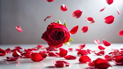 Falling Red Rose Petals on White, Elegant Romantic Background Stock Photo