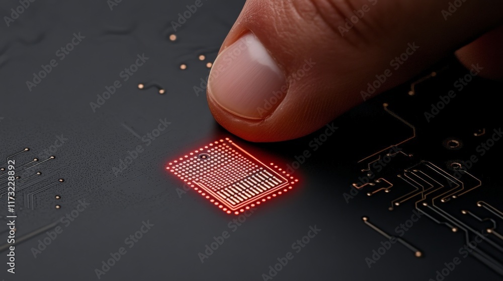 Poster fingertip power: a close-up shot of a fingertip hovering above a glowing microprocessor, symbolizing