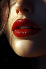 Obraz premium An exquisite close-up image highlighting shiny red lips, showcasing beauty and elegance. The interplay of shadows and light enhances the depth and allure of the lips.