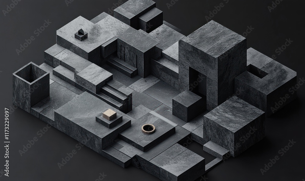 Poster abstract 3d rendering of dark gray stone blocks and geometric shapes.