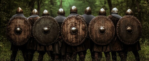 Photo of medieval soldiers in battle formation, each holding up their shiny metallic round shields with no holes on the front facing forward towards the camera, dark forest background, action shot