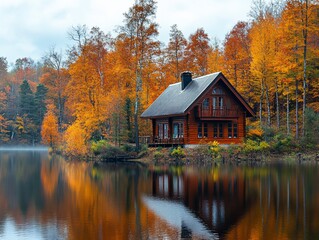 Fototapeta premium A wooden cabin with a lake and autumn trees reflection.