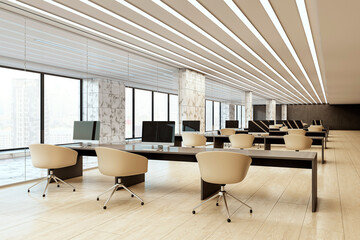 Modern office interior with beige chairs, long desks, and large windows overlooking a city view, featuring sleek, open design. 3D Rendering
