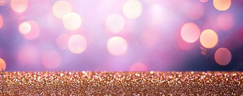 Poster glitter abstract background idea. a shimmering golden surface with softly blurred purple bokeh light