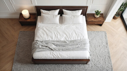 Cozy modern bedroom with a large bed, gray blanket, and minimalistic decor in a well-lit setting