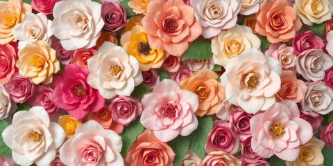 Vibrant paper roses in diverse colors form a lush, textured backdrop, flower, handmade
