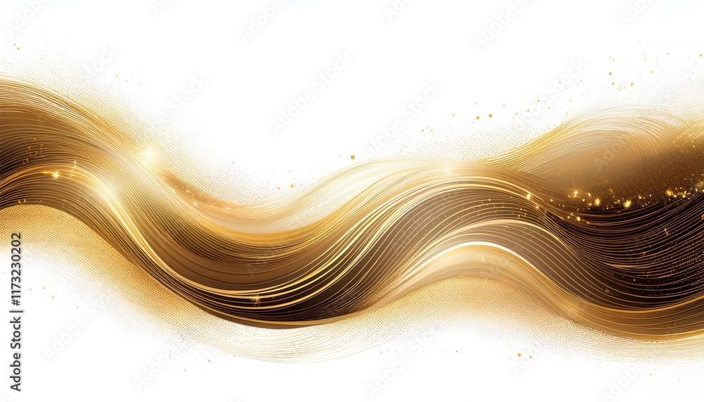 Poster gold abstract background with waves. glowing wave-shaped gold dust particles on white background.