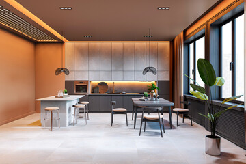 Modern kitchen interior with stylish furniture and backlit cabinets. 3D Rendering