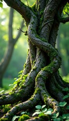 Twisted vines and creepers entwine a gnarled trunk, moss, , greenery