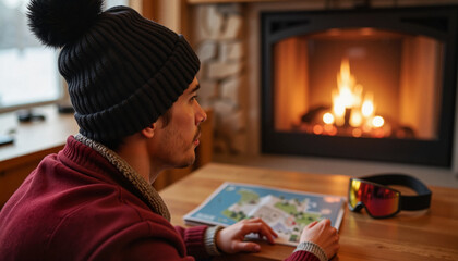 Obraz premium Man contemplating plans by the fireplace in a cozy setting