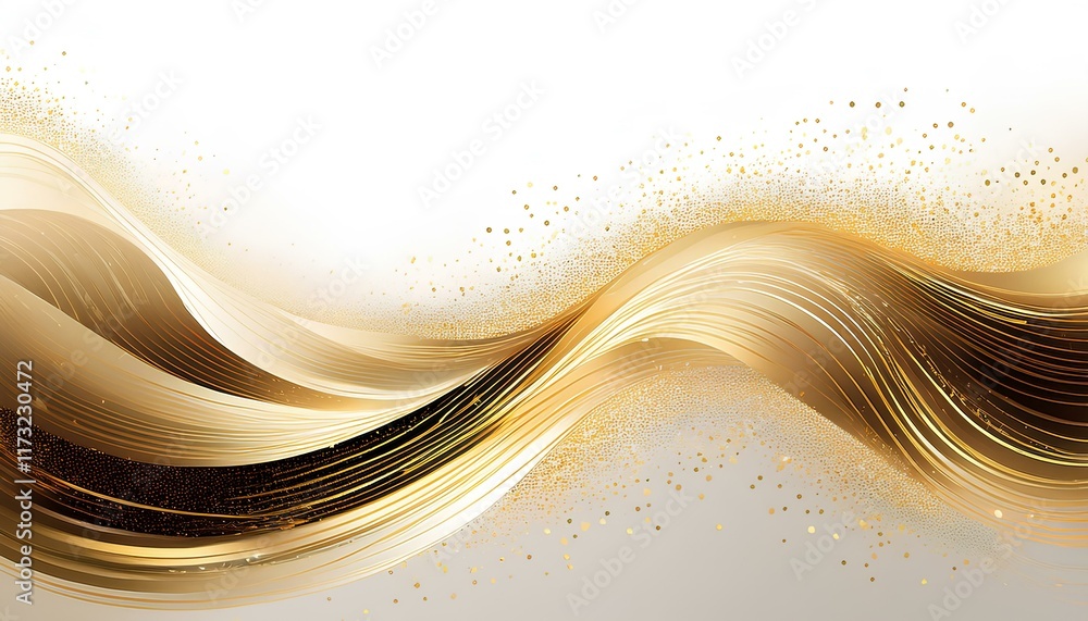 Poster gold abstract background with waves. glowing wave-shaped gold dust particles on white background.