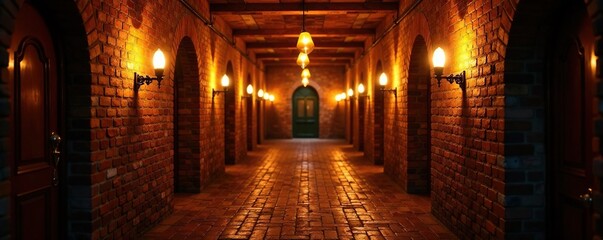 Obraz premium Warm and inviting glow of Edison lamps in a brick hallway, inviting, vintage, cozy atmosphere