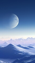 Blue and white moon and snowy mountains illustration poster background