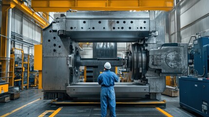 A worker observes large industrial machinery in a factory setting.