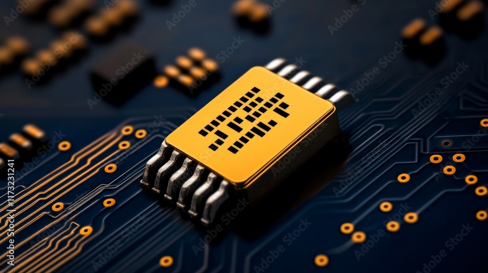 Poster the heart of technology: a close-up shot of a microchip on a circuit board, showcasing the intricate