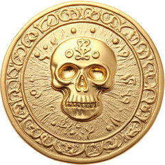 A golden medallion featuring an intricately designed skull at its center, surrounded by ornate symbols and patterns. cut out.