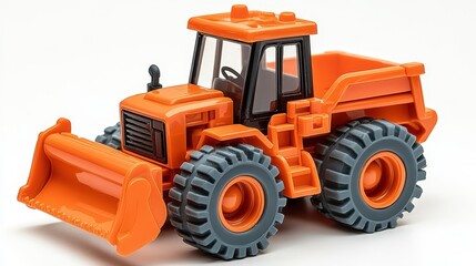 Orange toy tractor with a bulldozer and dumper.