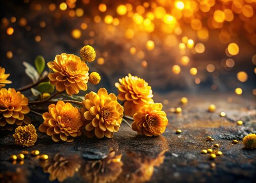 Dark stone backdrop enhances golden autumn blossoms; bokeh effect adds depth to this floral nature photography wallpaper.