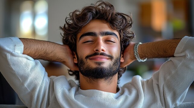 A young man exudes calm and confidence as he relaxes on a sofa, with a serene expression on his face, embodying a moment of leisure in a comfortable environment.