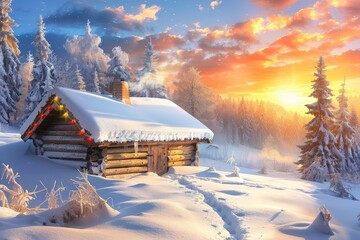 Fototapeta premium Snowy cabin at sunset in winter landscape cozy retreat nature photography serene environment warm glow