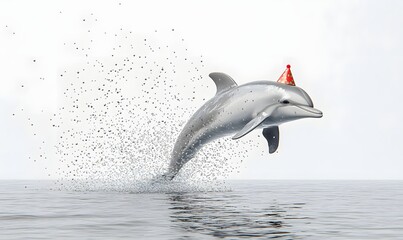 Fototapeta premium Dolphin leaps, wearing party hat, splashing water, against white background.