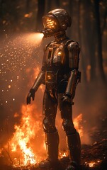 Robotic figure amidst fire, forest.