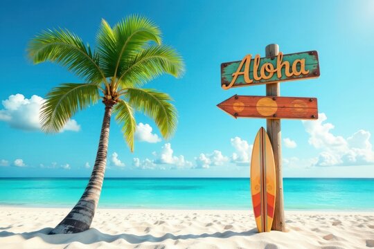 A palm tree stands beside a metal aloha signpost with a colorful surfboard decoration , tropical, decorative, beach