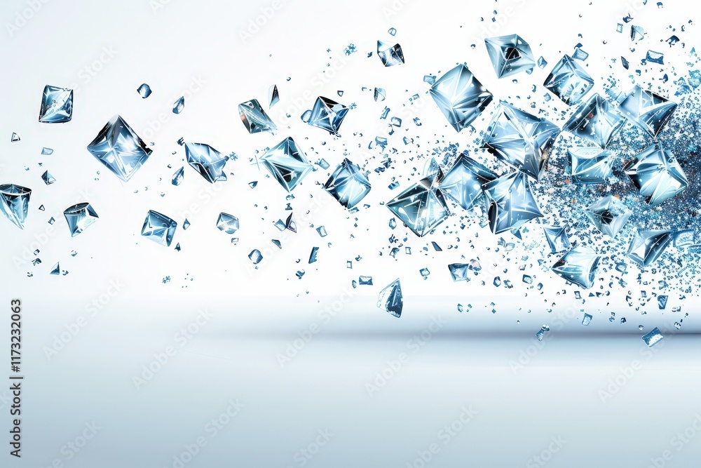 Poster shattering ice cubes dynamic motion abstract art minimalistic space close-up energy and movement
