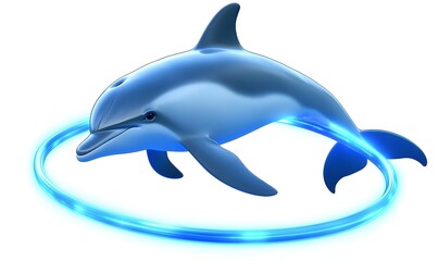 Obraz premium Blue dolphin levitates, circling with a bright ring glow.