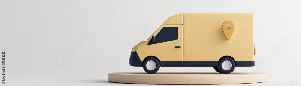 Poster a minimalist yellow delivery van model with a location pin, presented on a circular base against a p