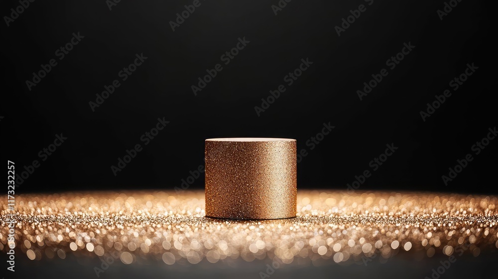 Poster glitter abstract background idea. a close-up of a shimmering gold cylinder on a sparkling surface ag