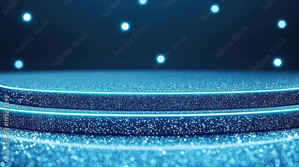 Poster glitter abstract background idea. a shimmering blue stage with sparkling lights in a dark atmosphere
