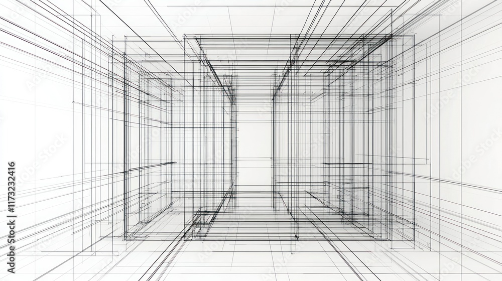 Fototapete Abstract Architectural Wireframe Design: A 3D Perspective of Intersecting Lines and Spaces