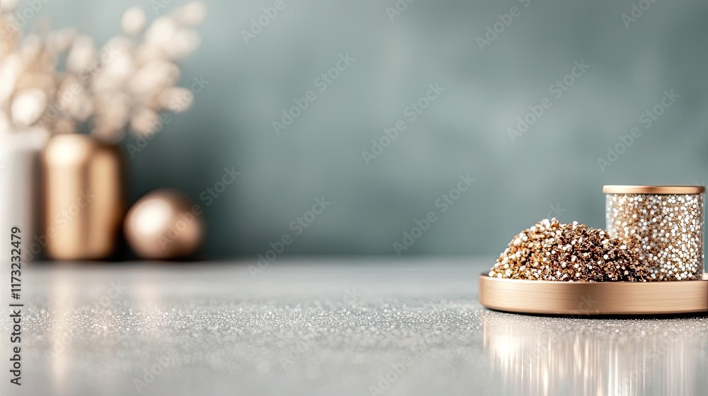 Poster glitter abstract background idea. elegant arrangement of seeds in various containers on a stylish ki